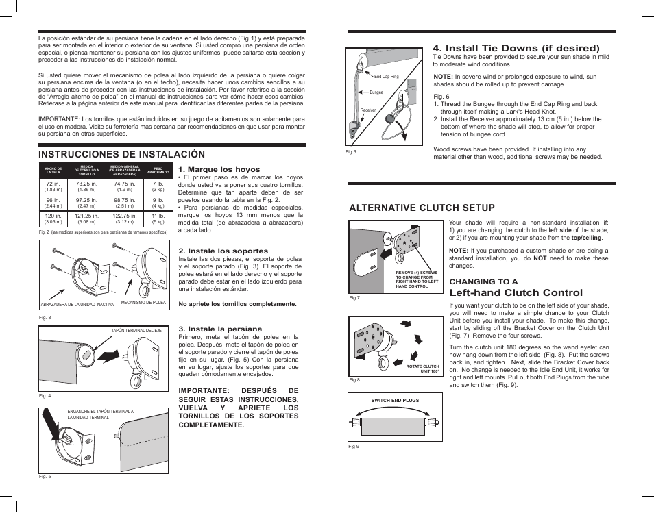 Install tie downs (if desired), Instrucciones de instalación, Alternative clutch setup | Left-hand clutch control | Outdoor Great Room Cordless Sun Shade User Manual | Page 3 / 6