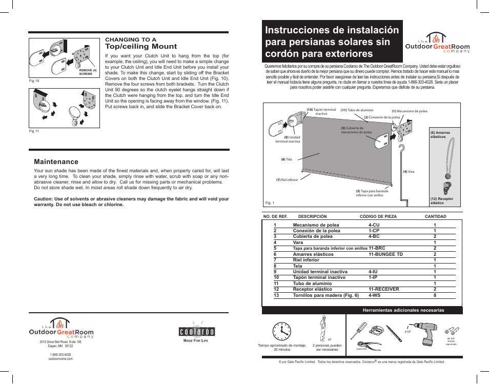 Maintenance, Top/ceiling mount | Outdoor Great Room Cordless Sun Shade User Manual | Page 4 / 6