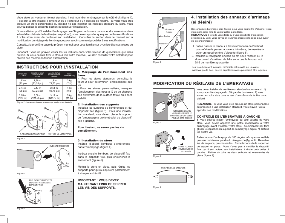 Instructions pour l’installation, Installation des anneaux d’arrimage (si désiré), Modification du réglage de l’embrayage | Outdoor Great Room Cordless Sun Shade User Manual | Page 6 / 6