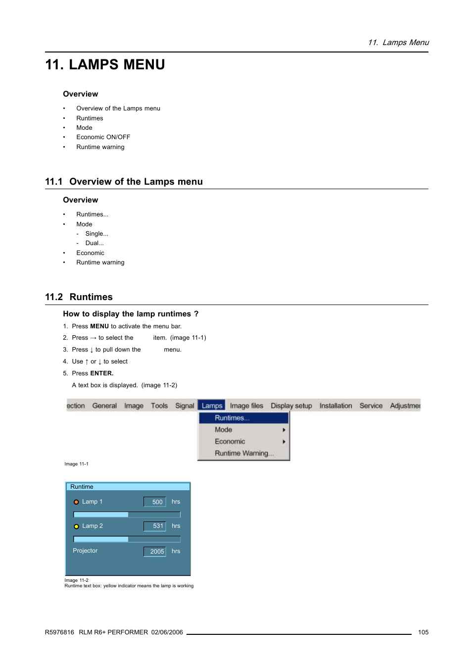 Lamps menu, 1 overview of the lamps menu, 2 runtimes | 105 11.2 runtimes | Barco RLM R6+ PERFORMER R9010270 User Manual | Page 109 / 165