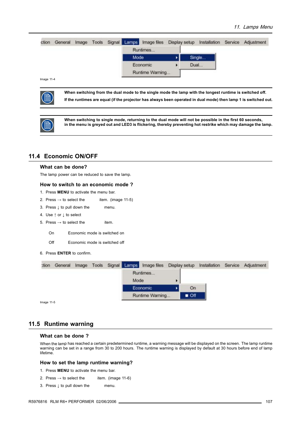 4 economic on/off, 5 runtime warning, 107 11.5 runtime warning | Economic on/off, Runtime warning | Barco RLM R6+ PERFORMER R9010270 User Manual | Page 111 / 165