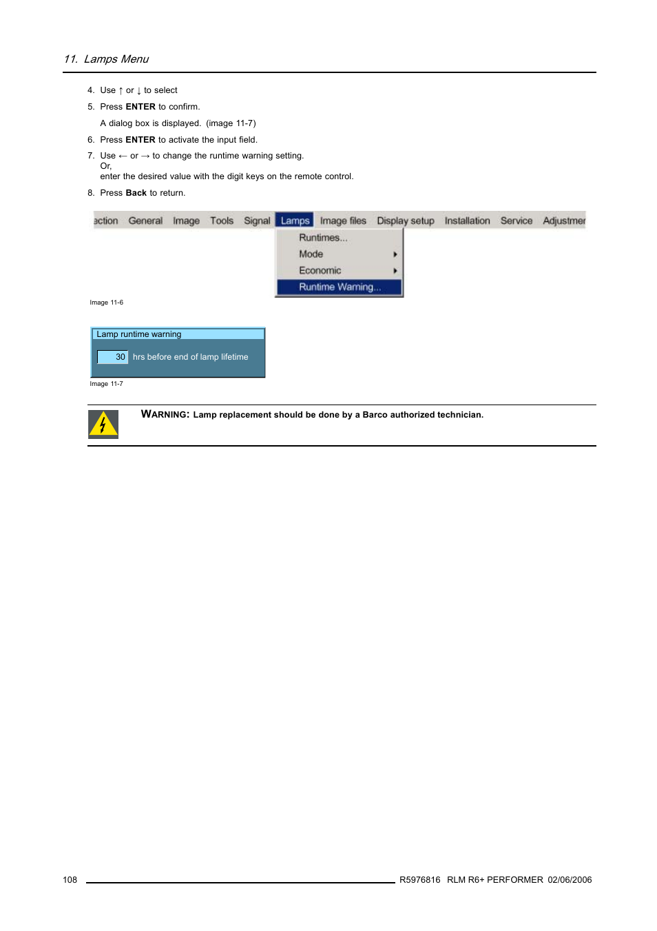 Lamps menu | Barco RLM R6+ PERFORMER R9010270 User Manual | Page 112 / 165