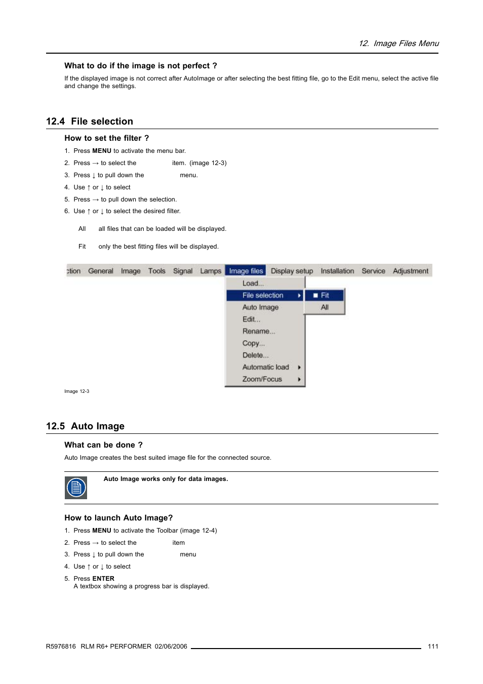 4 file selection, 5 auto image, 111 12.5 auto image | File selection, Auto image | Barco RLM R6+ PERFORMER R9010270 User Manual | Page 115 / 165