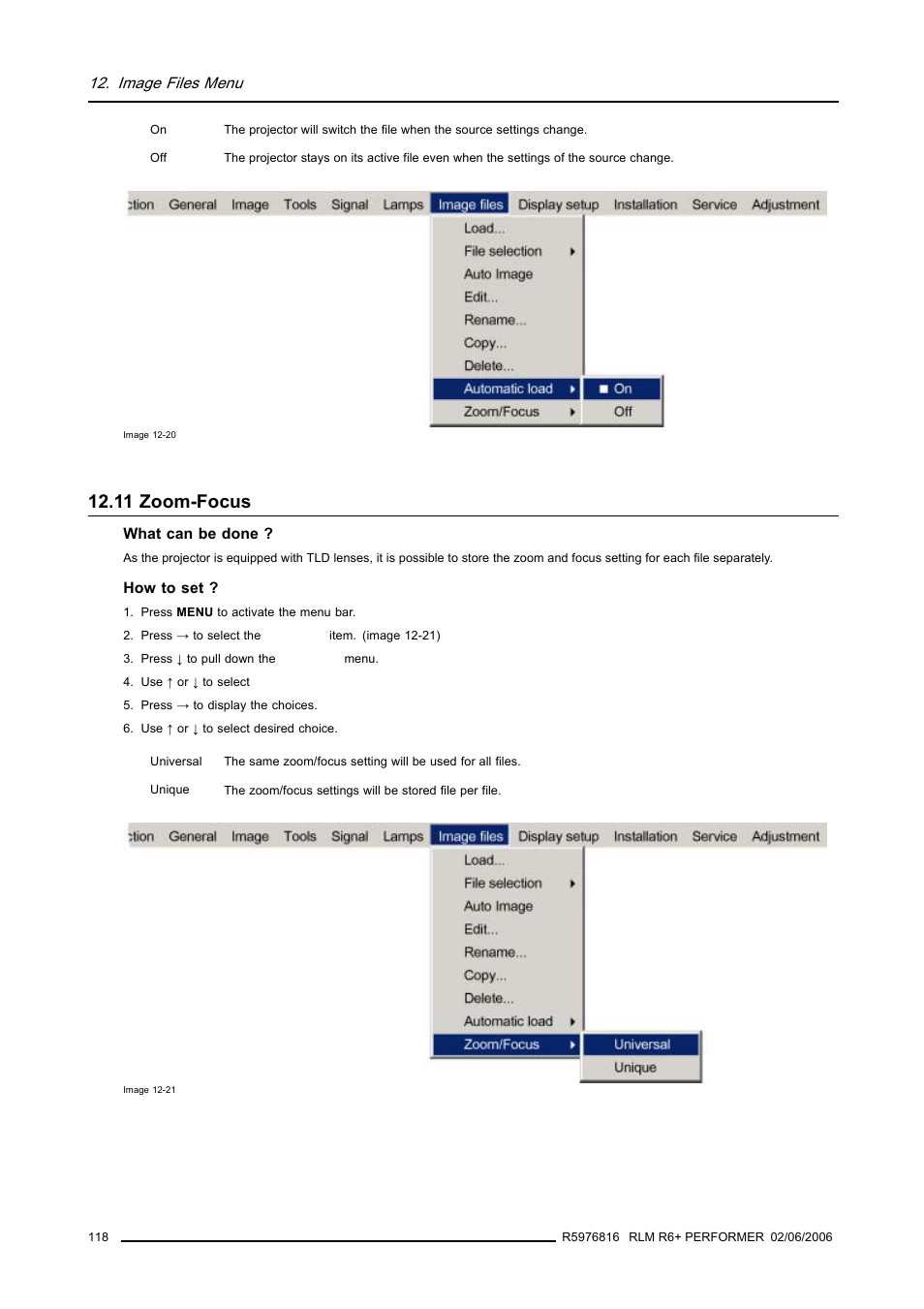 11 zoom-focus, Zoom-focus, Image files menu | Barco RLM R6+ PERFORMER R9010270 User Manual | Page 122 / 165