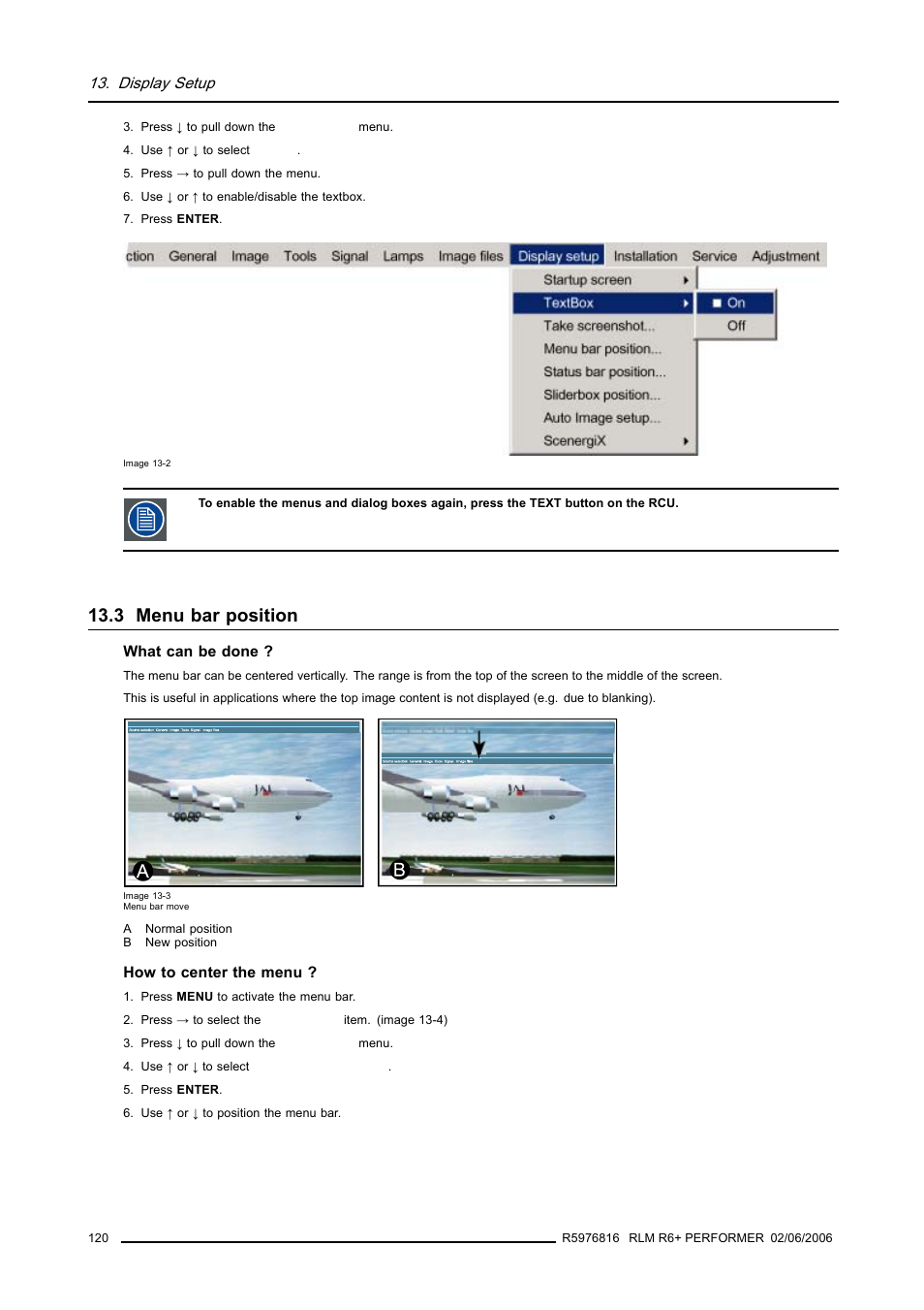 3 menu bar position, Menu bar position, Image 13-2) | Display setup | Barco RLM R6+ PERFORMER R9010270 User Manual | Page 124 / 165