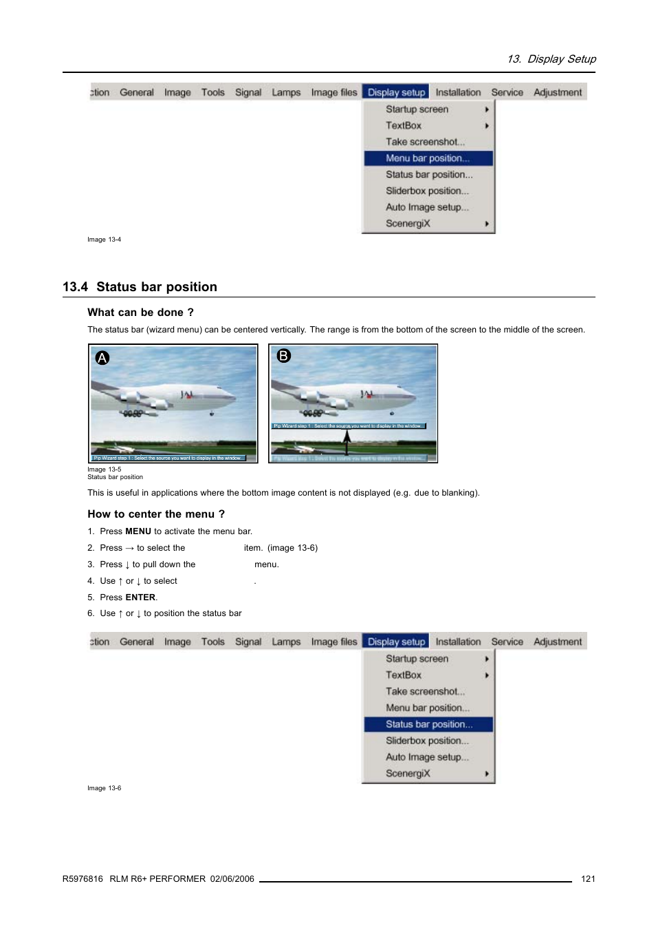 4 status bar position, Status bar position, Display setup | Barco RLM R6+ PERFORMER R9010270 User Manual | Page 125 / 165