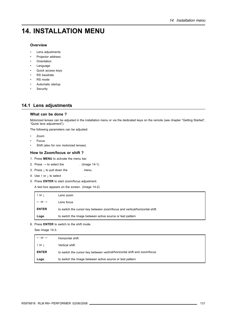 Installation menu, 1 lens adjustments | Barco RLM R6+ PERFORMER R9010270 User Manual | Page 135 / 165