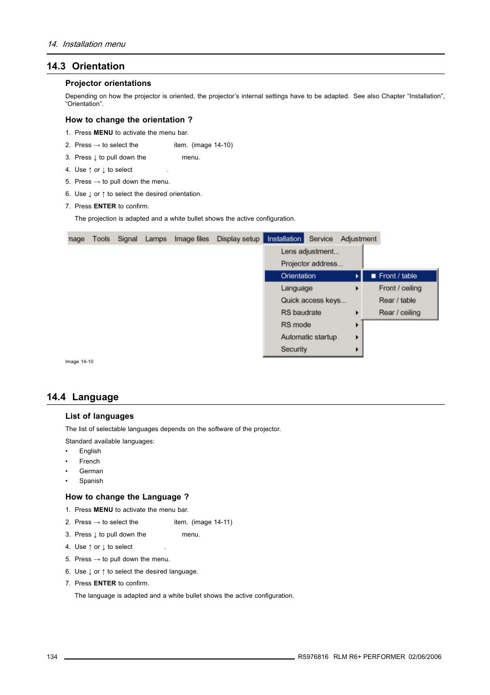 3 orientation, 4 language, 134 14.4 language | Orientation, Language | Barco RLM R6+ PERFORMER R9010270 User Manual | Page 138 / 165