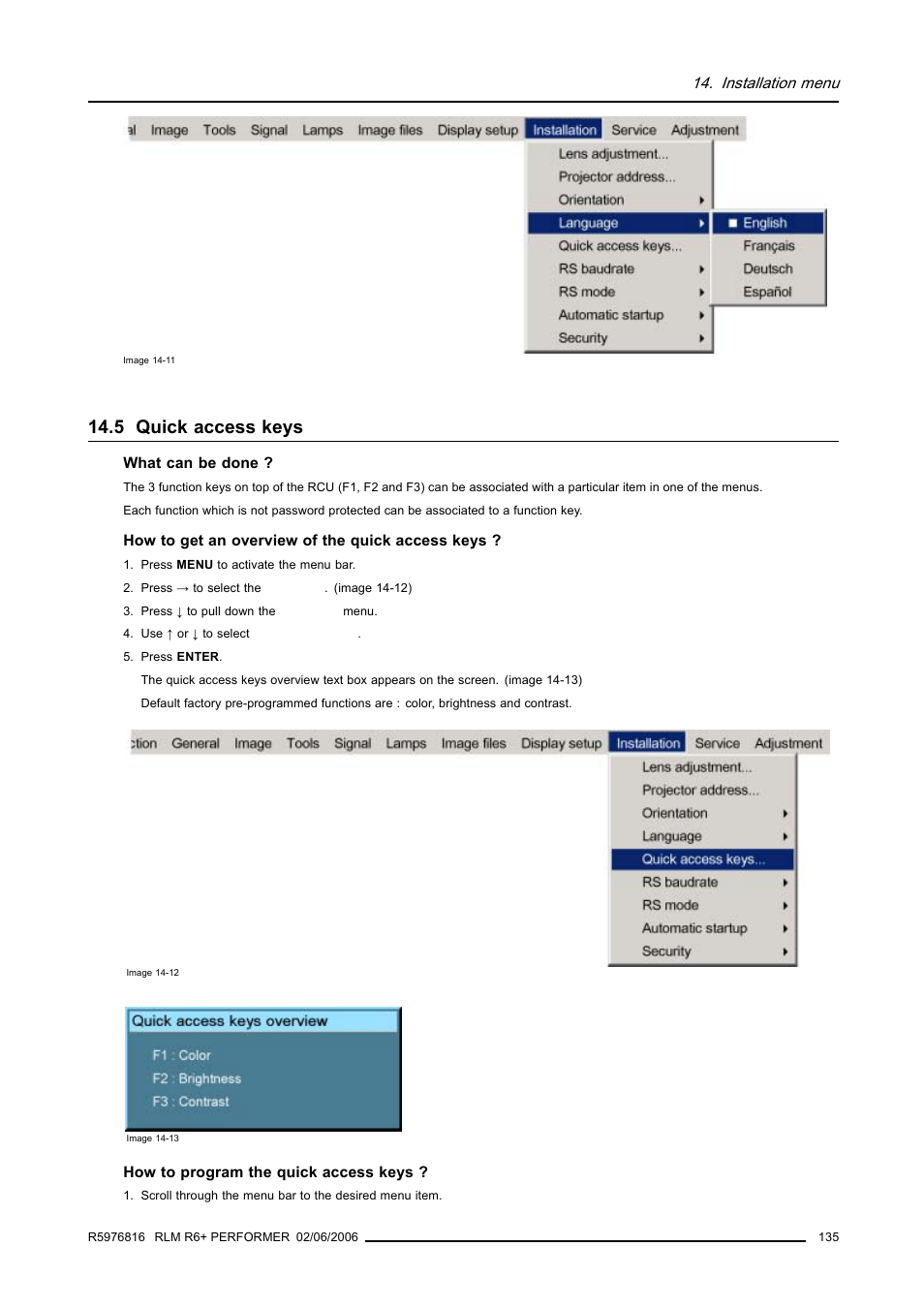 5 quick access keys, Quick access keys | Barco RLM R6+ PERFORMER R9010270 User Manual | Page 139 / 165