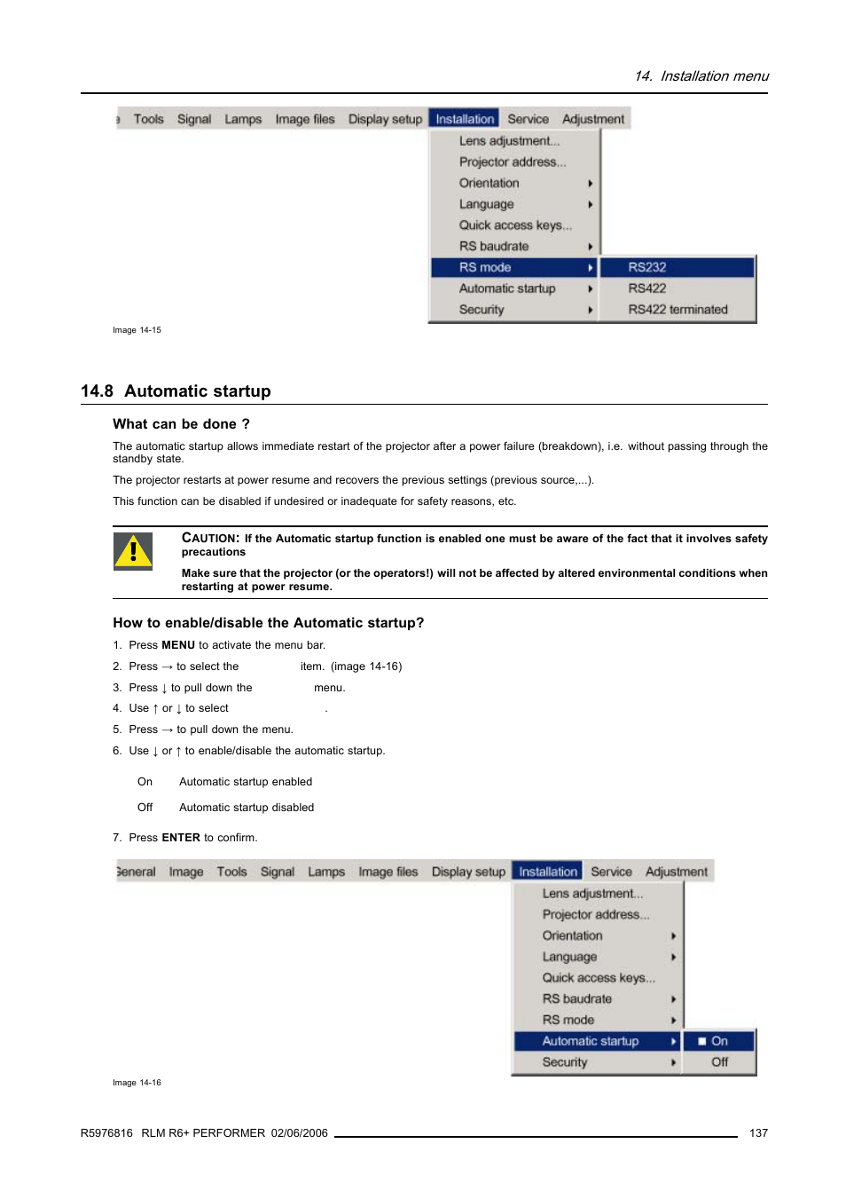 8 automatic startup, Automatic startup | Barco RLM R6+ PERFORMER R9010270 User Manual | Page 141 / 165