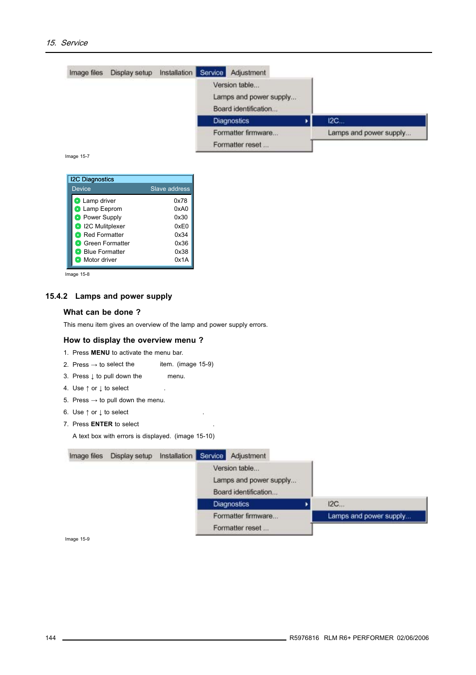 2 lamps and power supply, Lamps and power supply, Image 15-7) | Image 15-8, Service | Barco RLM R6+ PERFORMER R9010270 User Manual | Page 148 / 165