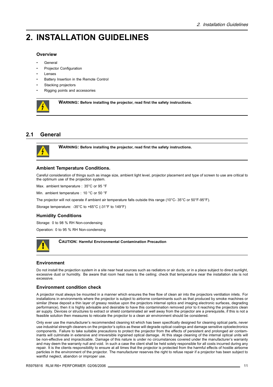 Installation guidelines, 1 general, General | Barco RLM R6+ PERFORMER R9010270 User Manual | Page 15 / 165