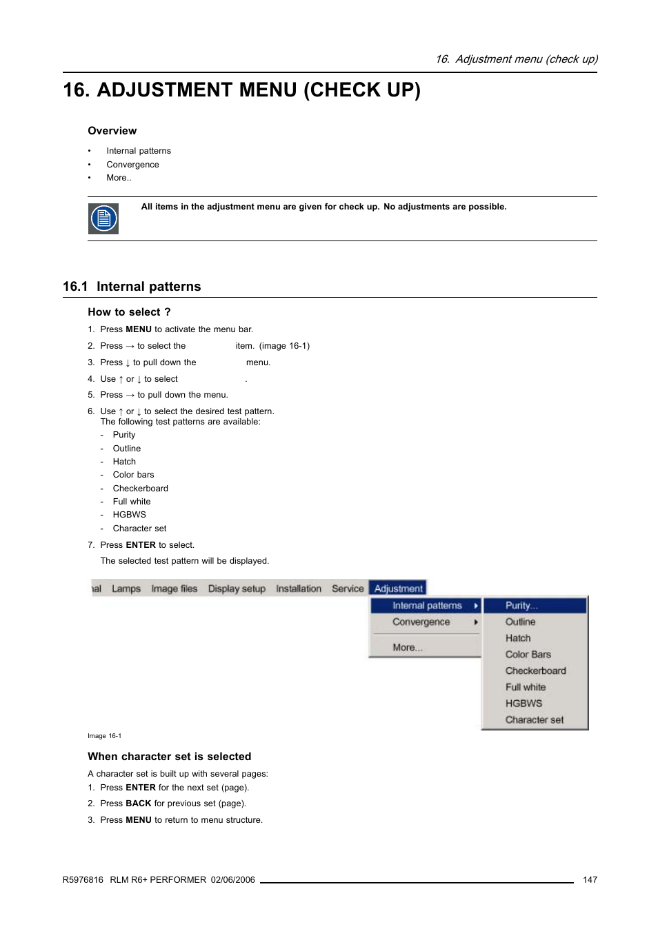 Adjustment menu (check up), 1 internal patterns | Barco RLM R6+ PERFORMER R9010270 User Manual | Page 151 / 165