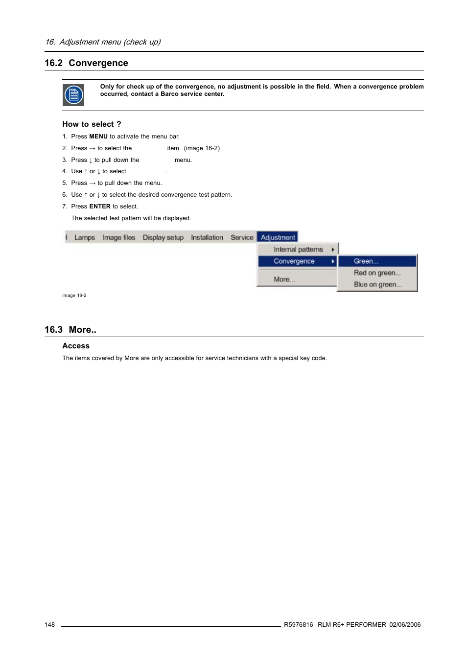 2 convergence, 3 more, 148 16.3 more | Convergence, More | Barco RLM R6+ PERFORMER R9010270 User Manual | Page 152 / 165