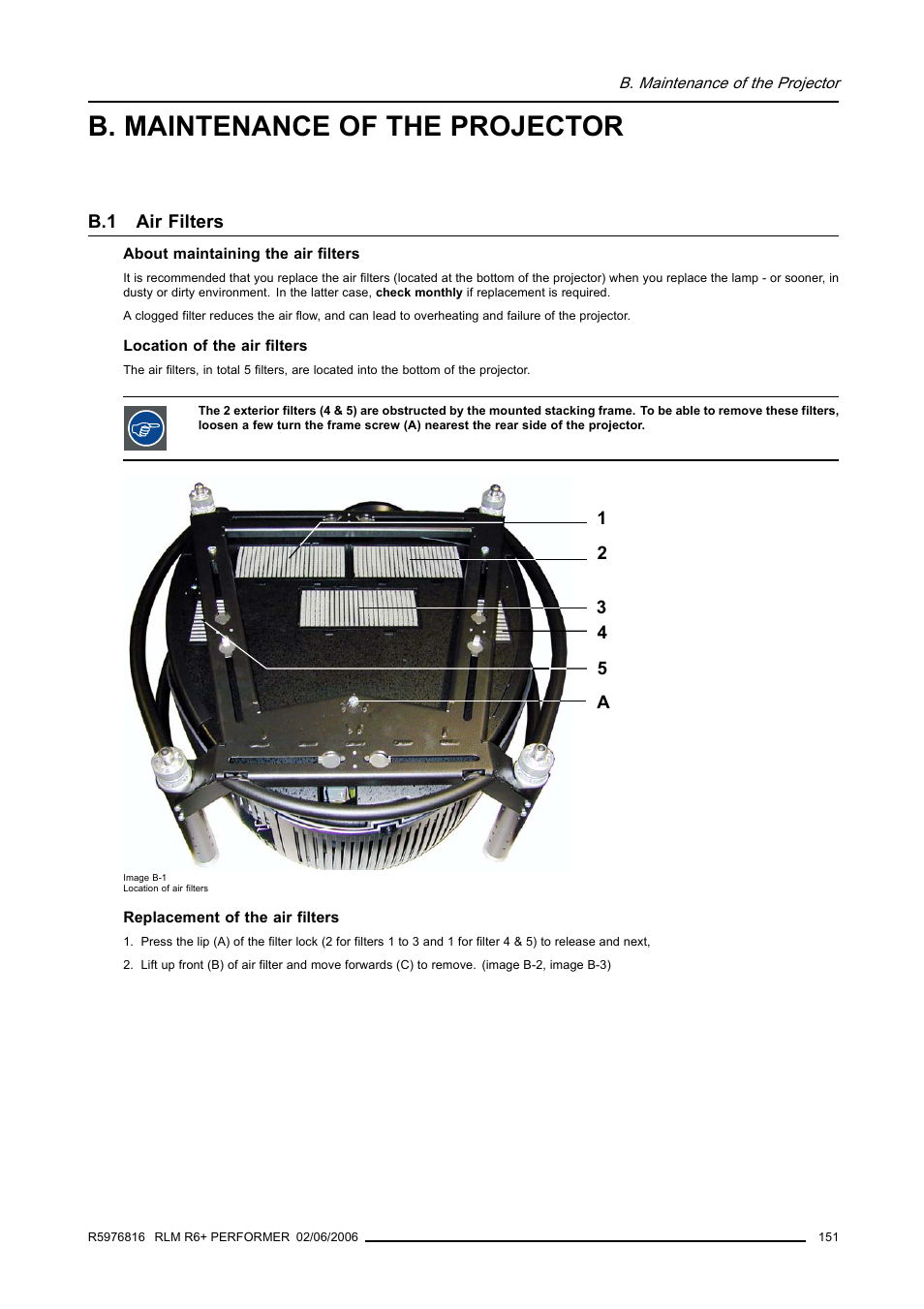 B. maintenance of the projector, B.1 air filters, Air filters | Barco RLM R6+ PERFORMER R9010270 User Manual | Page 155 / 165