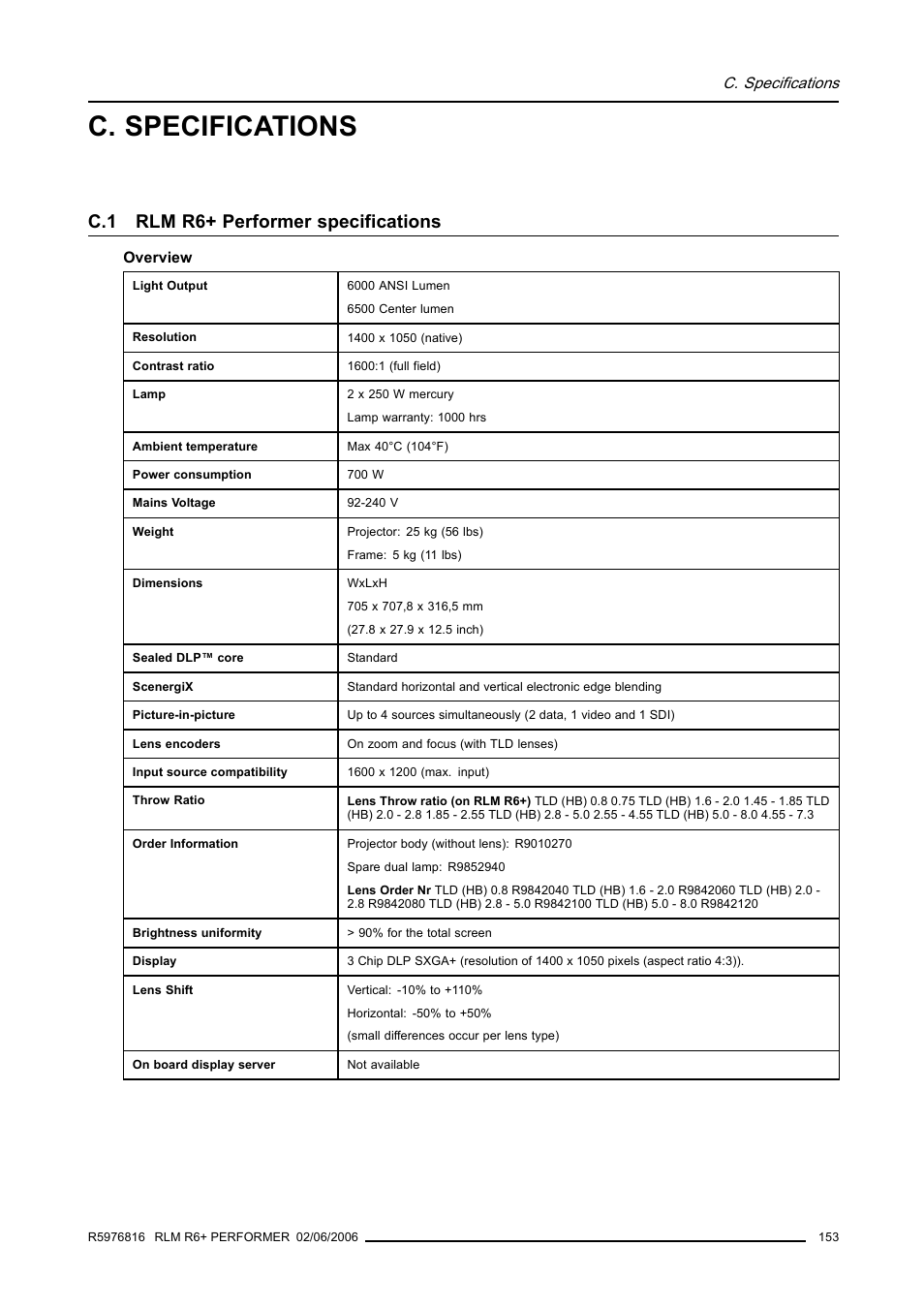 C. specifications, C.1 rlm r6+ performer specifications, Rlm r6+ performer specifications | Barco RLM R6+ PERFORMER R9010270 User Manual | Page 157 / 165