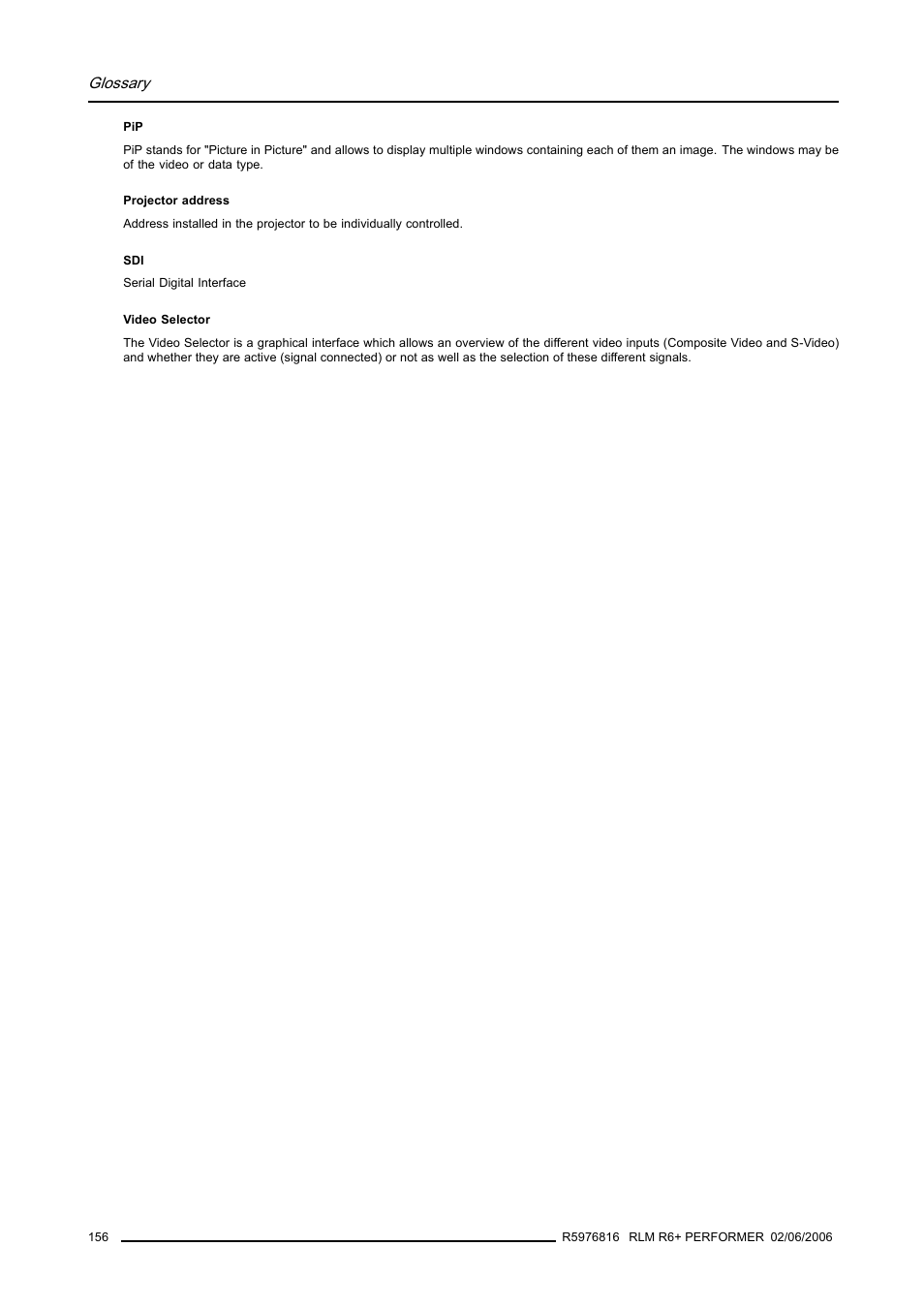 Glossary | Barco RLM R6+ PERFORMER R9010270 User Manual | Page 160 / 165