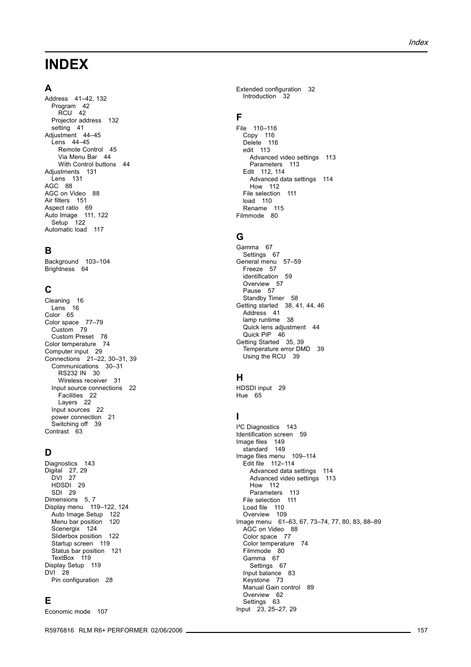 Index | Barco RLM R6+ PERFORMER R9010270 User Manual | Page 161 / 165