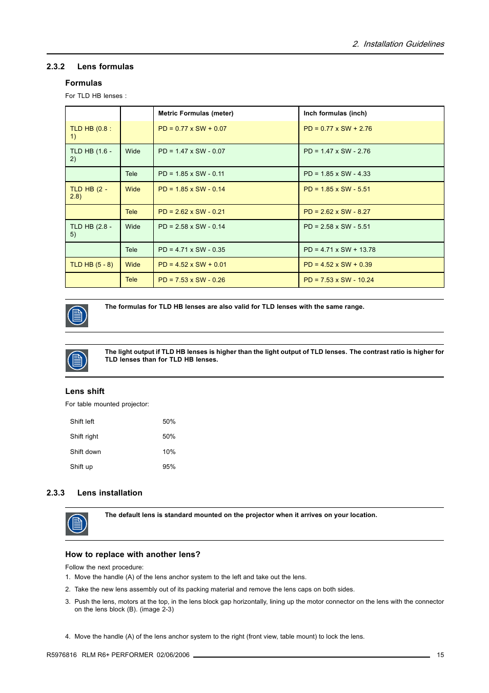 2 lens formulas, 3 lens installation, Lens formulas | Lens installation, Installation guidelines | Barco RLM R6+ PERFORMER R9010270 User Manual | Page 19 / 165