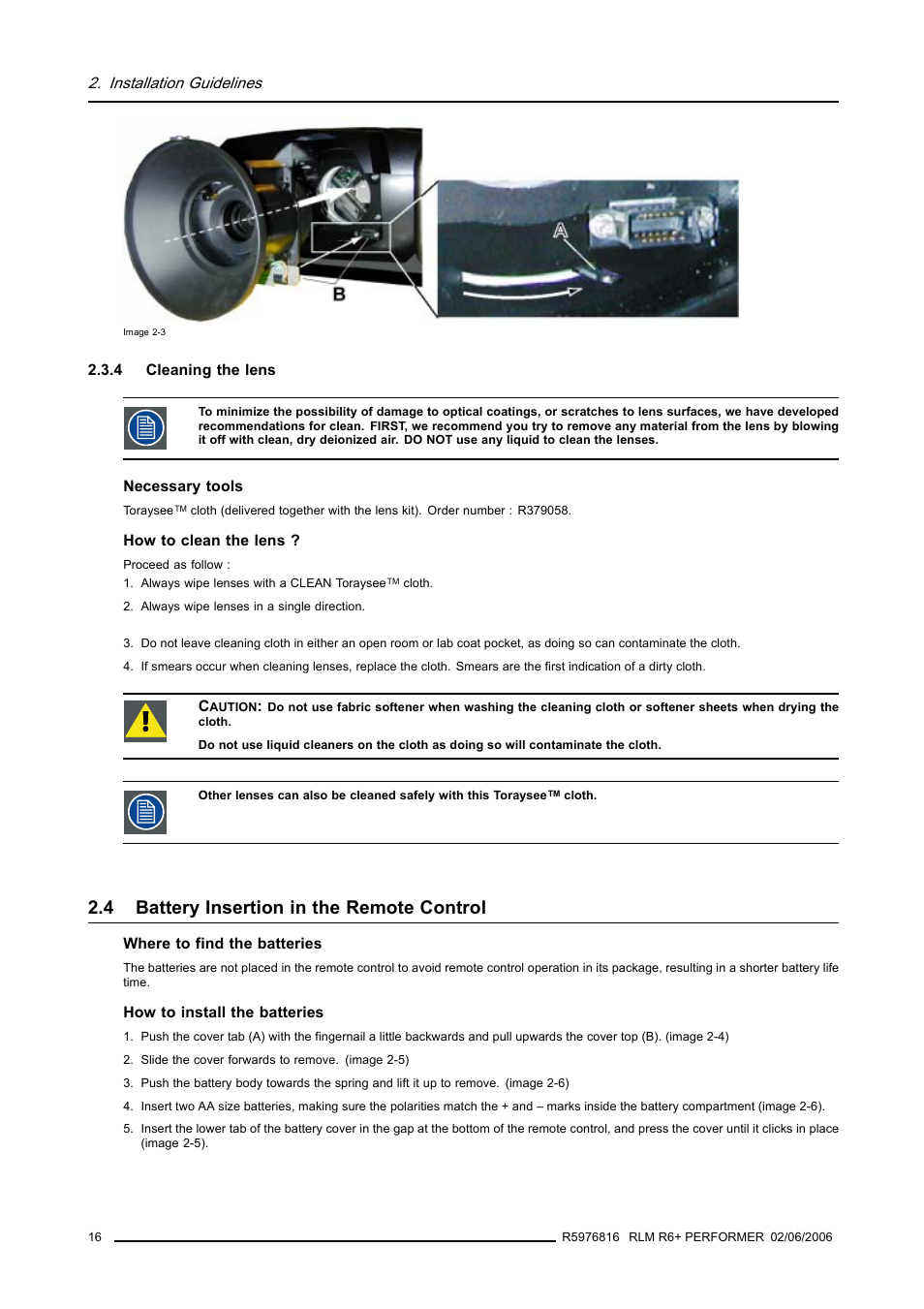 4 cleaning the lens, 4 battery insertion in the remote control, Cleaning the lens | Battery insertion in the remote control | Barco RLM R6+ PERFORMER R9010270 User Manual | Page 20 / 165