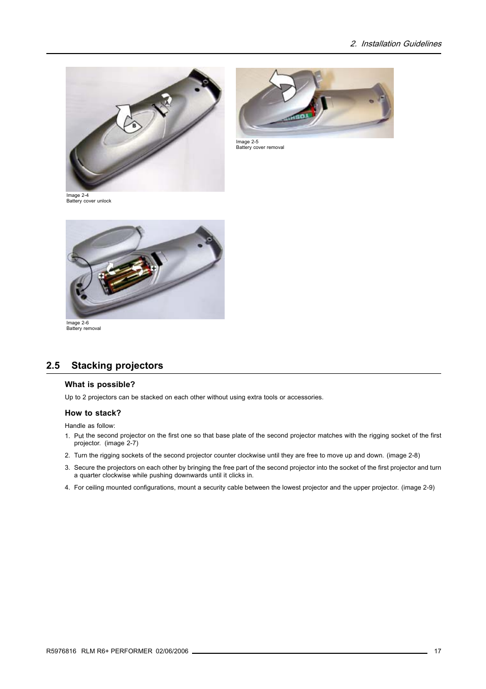 5 stacking projectors, Stacking projectors, Image 2-4) | Image 2-5), Image 2-6) | Barco RLM R6+ PERFORMER R9010270 User Manual | Page 21 / 165