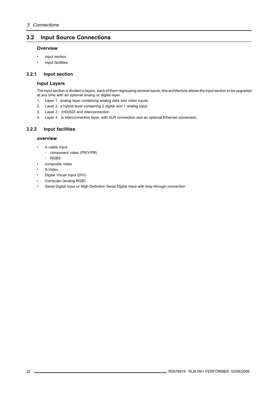 2 input source connections, 1 input section, 2 input facilities | Input source connections, Input section, Input facilities | Barco RLM R6+ PERFORMER R9010270 User Manual | Page 26 / 165
