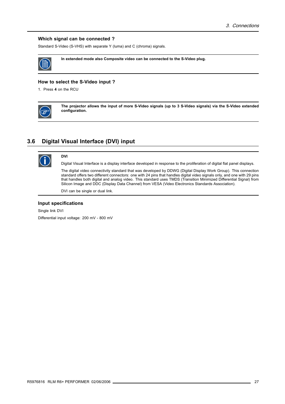 6 digital visual interface (dvi) input, Digital visual interface (dvi) input | Barco RLM R6+ PERFORMER R9010270 User Manual | Page 31 / 165