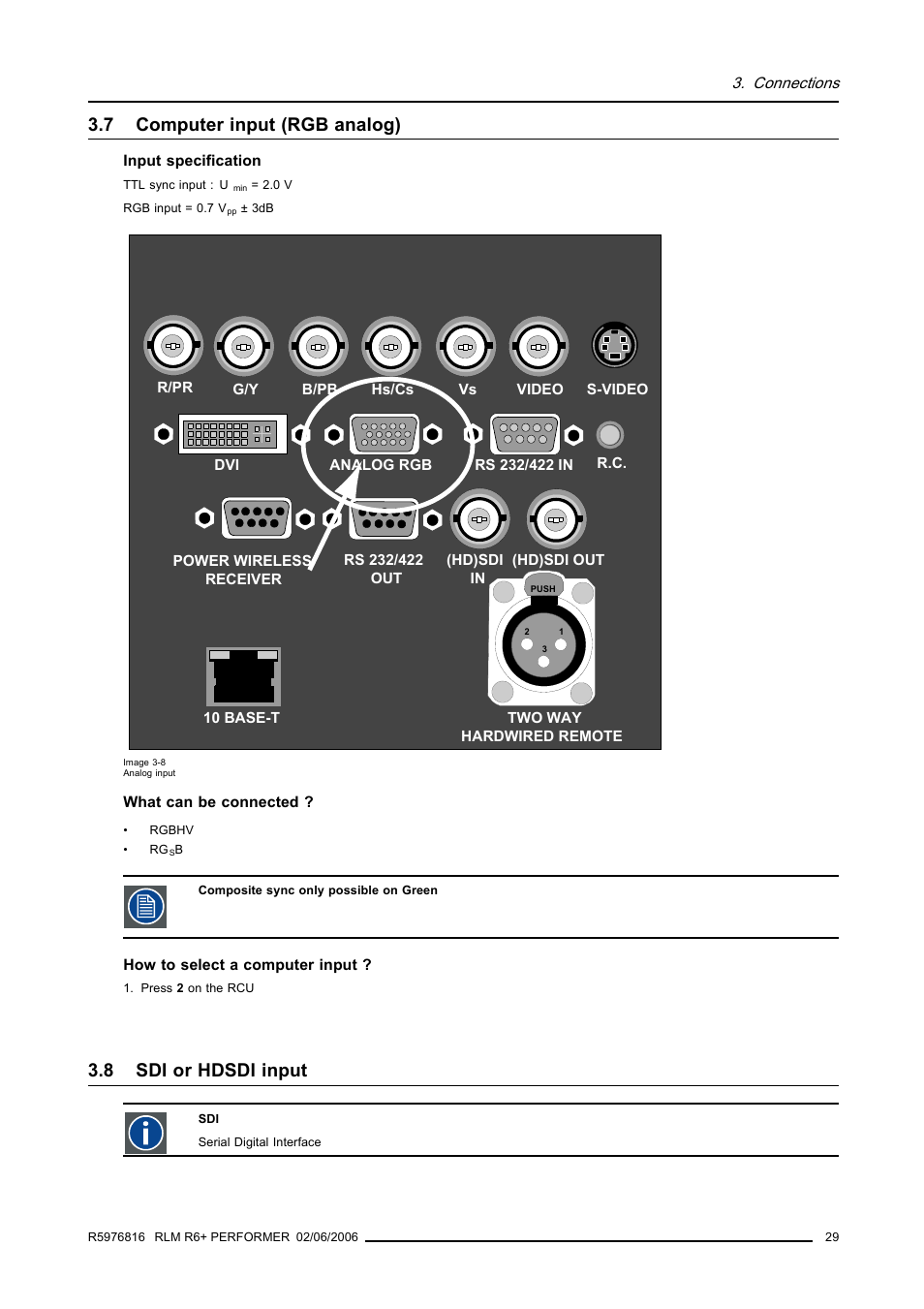 7 computer input (rgb analog), 8 sdi or hdsdi input, Computer input (rgb analog) | Sdi or hdsdi input | Barco RLM R6+ PERFORMER R9010270 User Manual | Page 33 / 165