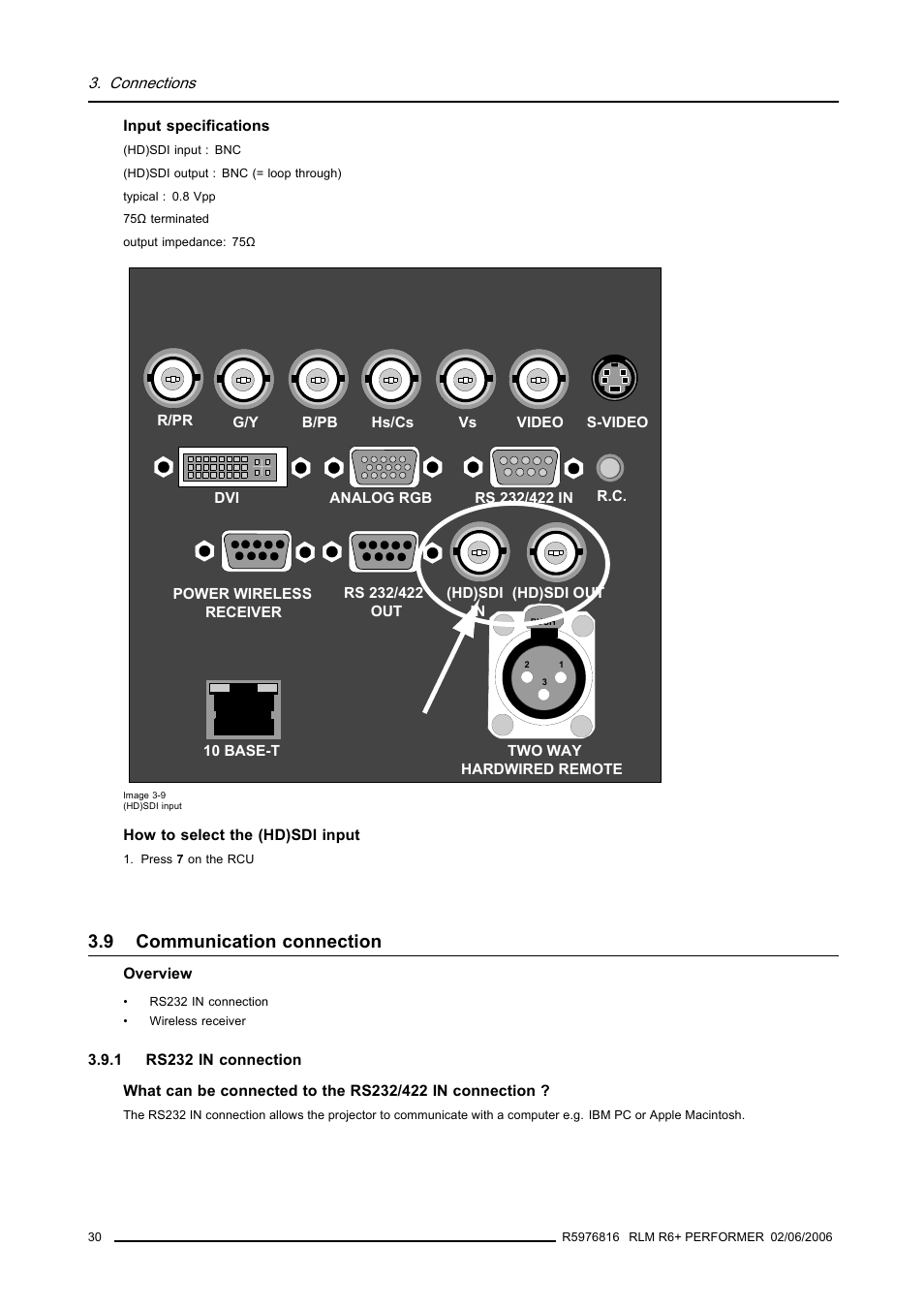 9 communication connection, 1 rs232 in connection, Communication connection | Rs232 in connection | Barco RLM R6+ PERFORMER R9010270 User Manual | Page 34 / 165