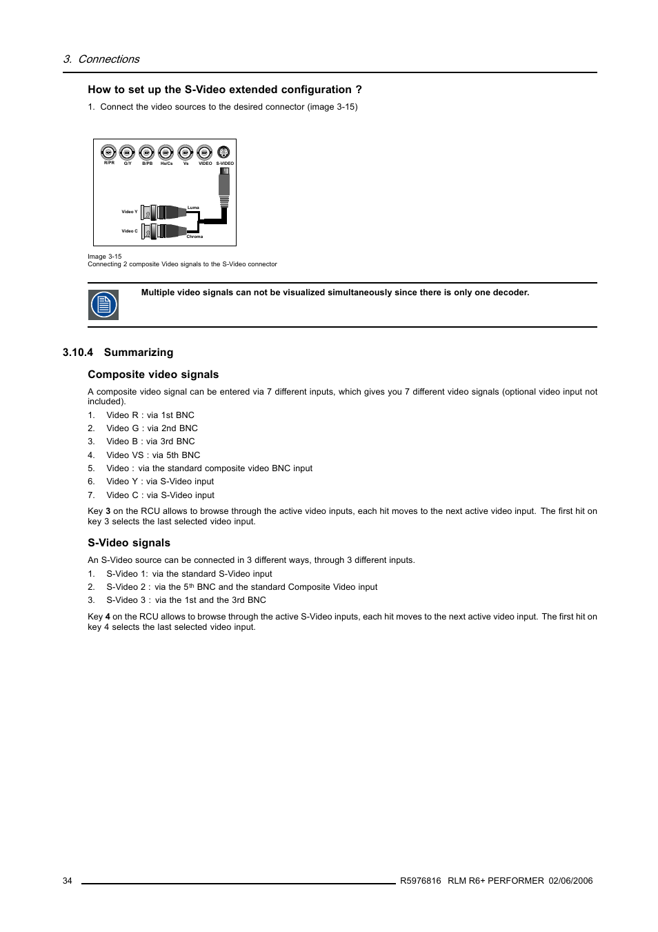 4 summarizing, Summarizing, Connections | How to set up the s-video extended configuration, 4 summarizing composite video signals, S-video signals | Barco RLM R6+ PERFORMER R9010270 User Manual | Page 38 / 165