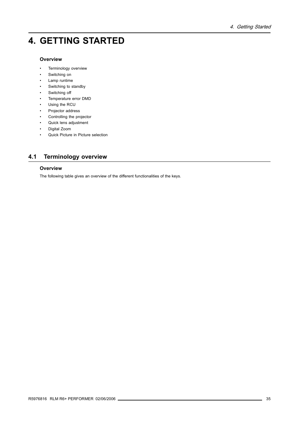 Getting started, 1 terminology overview, Terminology overview | Barco RLM R6+ PERFORMER R9010270 User Manual | Page 39 / 165