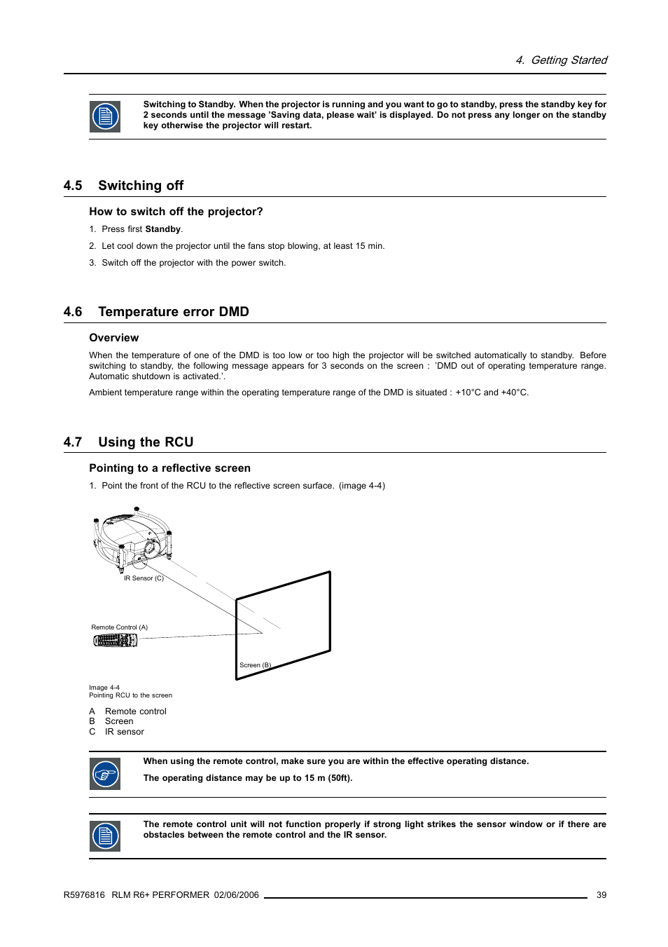 5 switching off, 6 temperature error dmd, 7 using the rcu | Switching off, Temperature error dmd, Using the rcu | Barco RLM R6+ PERFORMER R9010270 User Manual | Page 43 / 165