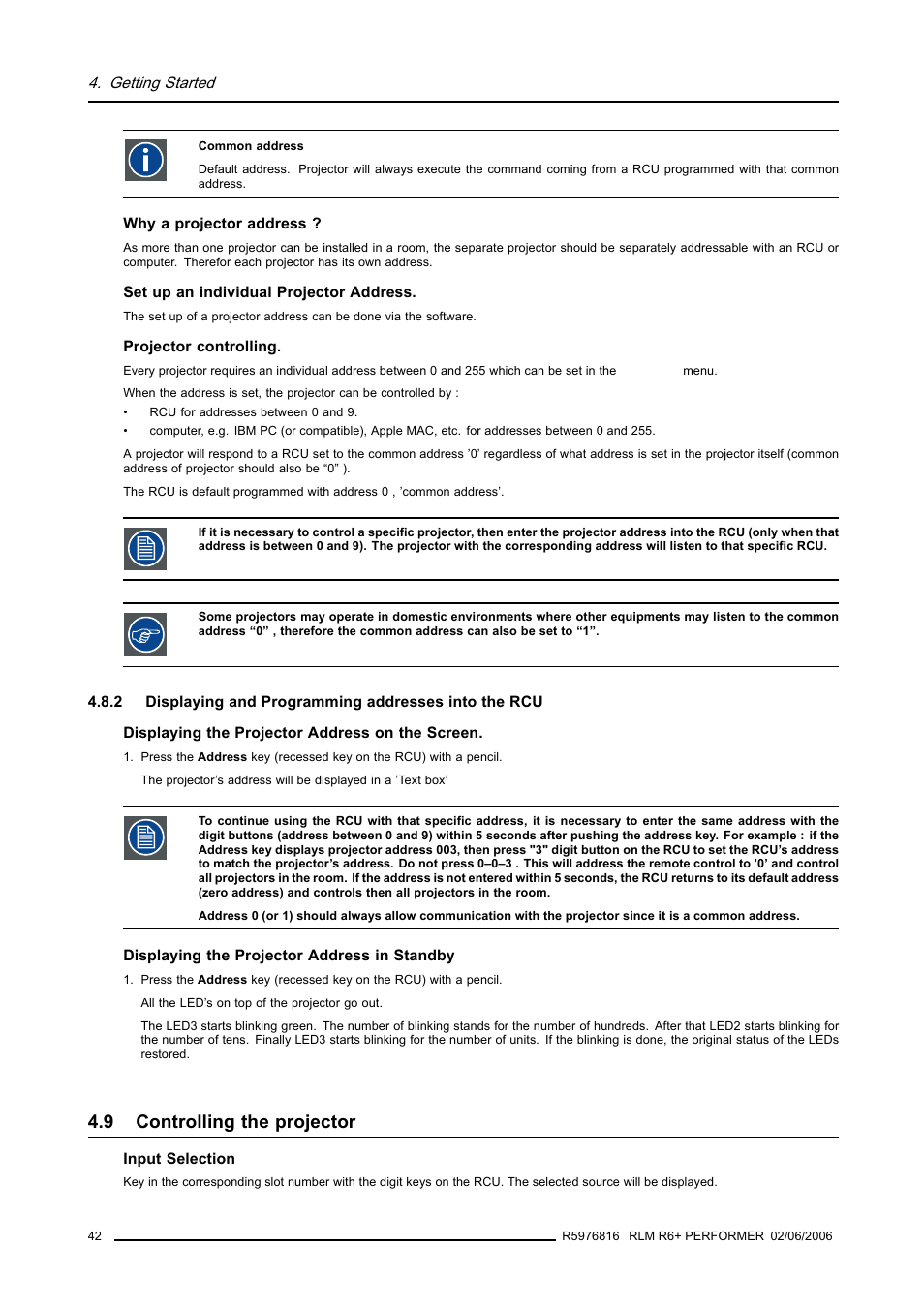 9 controlling the projector, Displaying and programming addresses into the rcu, Controlling the projector | Barco RLM R6+ PERFORMER R9010270 User Manual | Page 46 / 165