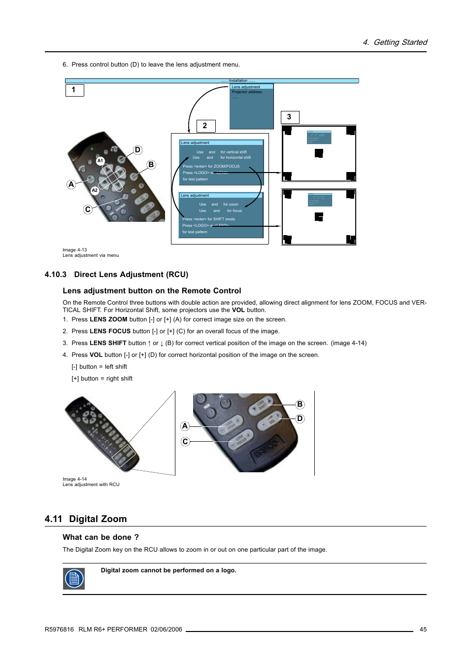 3 direct lens adjustment (rcu), 11 digital zoom, Digital zoom | Direct lens adjustment (rcu), Image 4-13), Getting started | Barco RLM R6+ PERFORMER R9010270 User Manual | Page 49 / 165