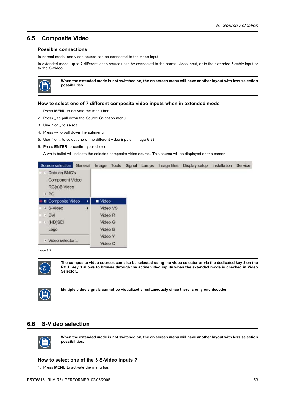 5 composite video, 6 s-video selection, Composite video | S-video selection | Barco RLM R6+ PERFORMER R9010270 User Manual | Page 57 / 165
