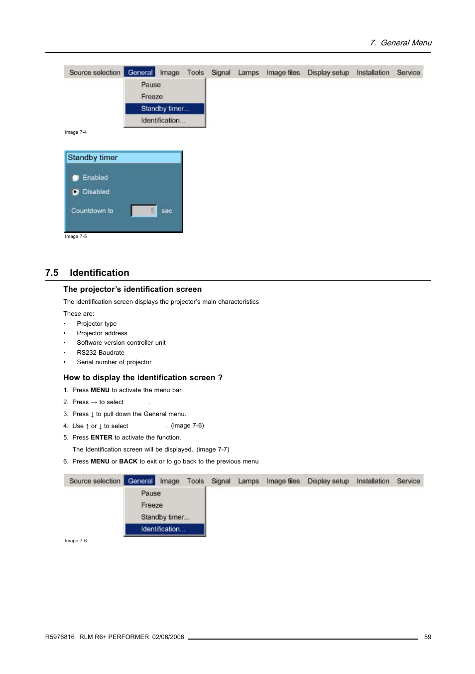 5 identification, Identification, General menu | Barco RLM R6+ PERFORMER R9010270 User Manual | Page 63 / 165