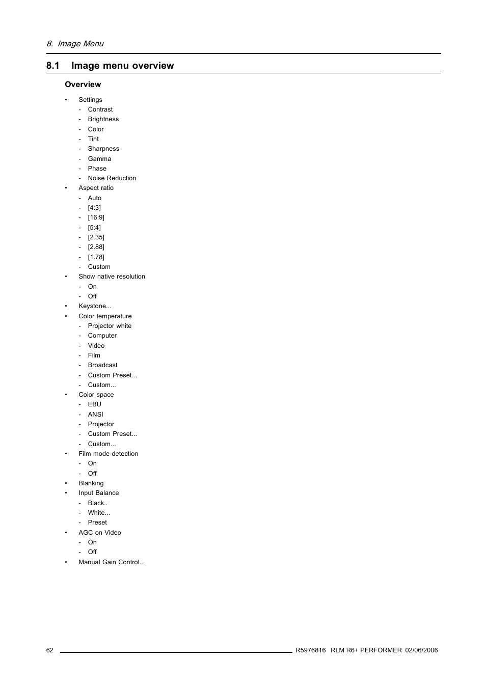 1 image menu overview, Image menu overview | Barco RLM R6+ PERFORMER R9010270 User Manual | Page 66 / 165