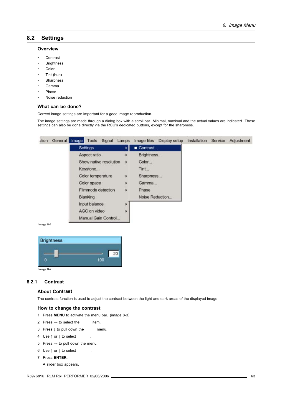 2 settings, 1 contrast, Settings | Contrast | Barco RLM R6+ PERFORMER R9010270 User Manual | Page 67 / 165