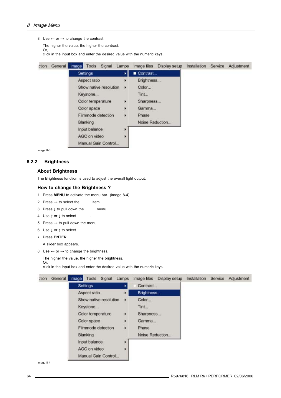 2 brightness, Brightness, Image 8-3) | Image menu | Barco RLM R6+ PERFORMER R9010270 User Manual | Page 68 / 165