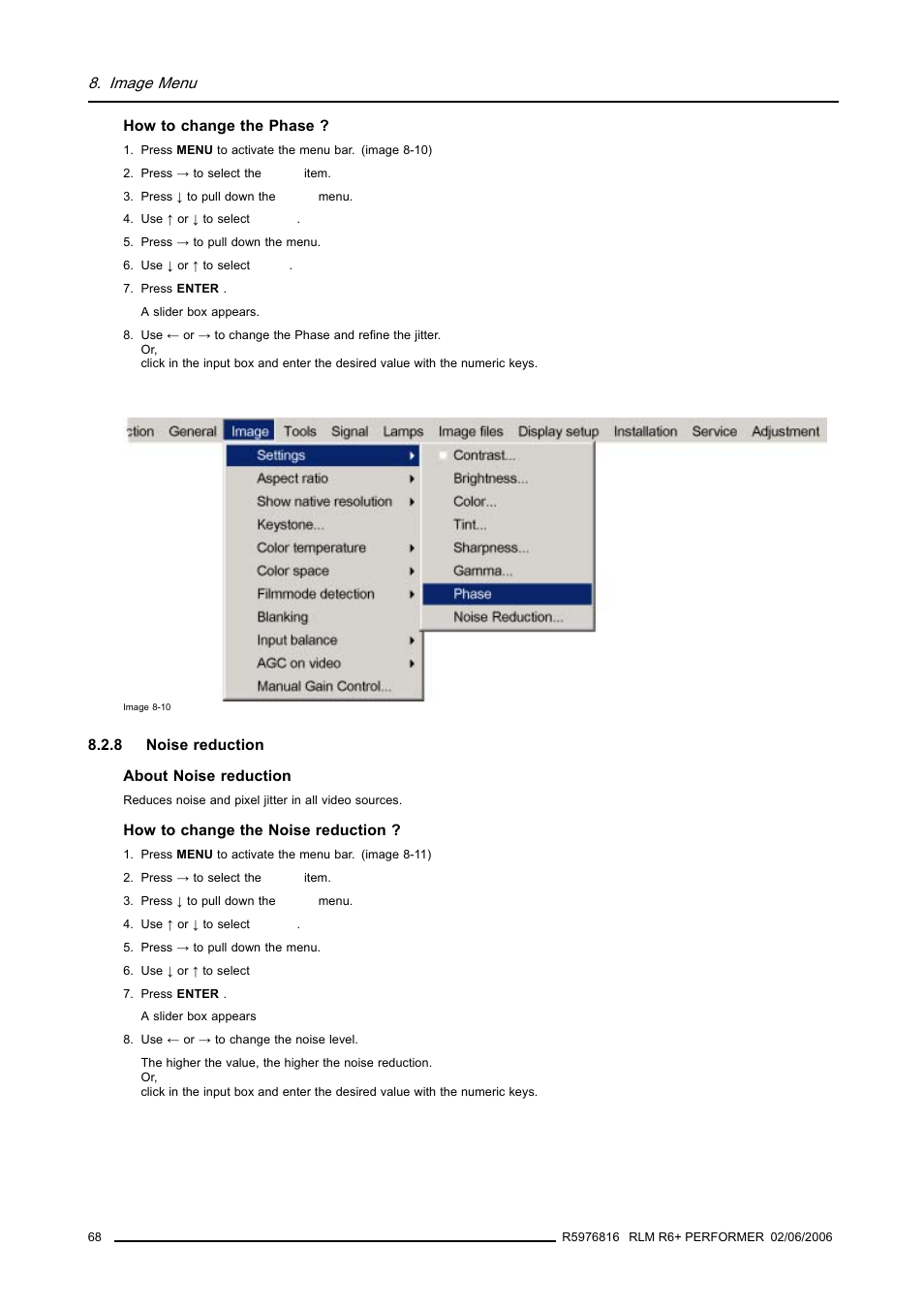 8 noise reduction, Noise reduction, Image menu | Barco RLM R6+ PERFORMER R9010270 User Manual | Page 72 / 165