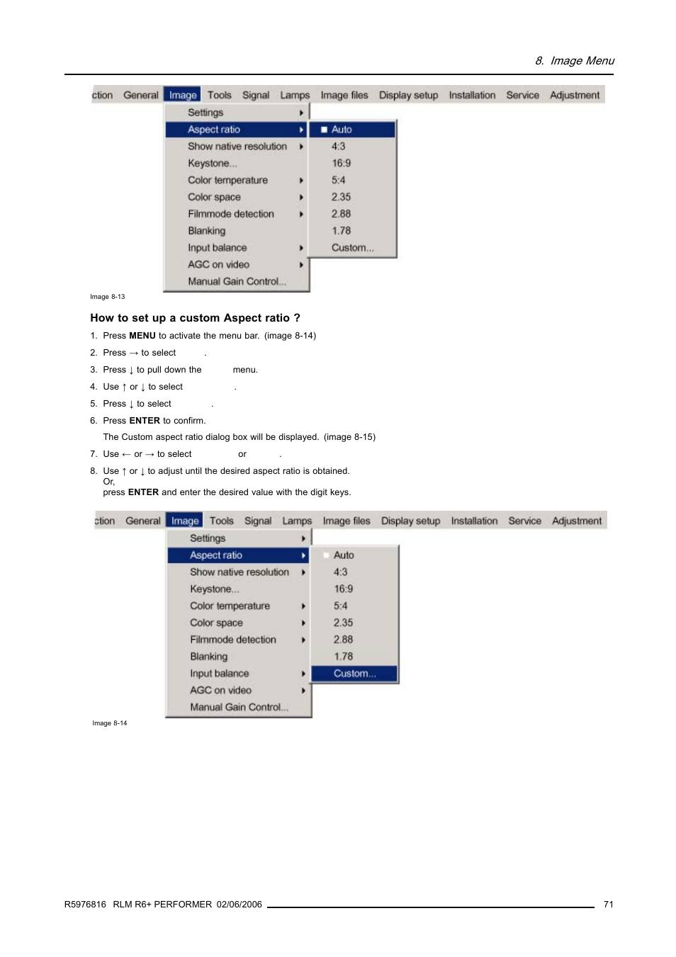 Image menu | Barco RLM R6+ PERFORMER R9010270 User Manual | Page 75 / 165