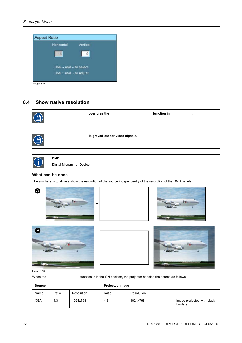 4 show native resolution, Show native resolution, Image menu | Barco RLM R6+ PERFORMER R9010270 User Manual | Page 76 / 165