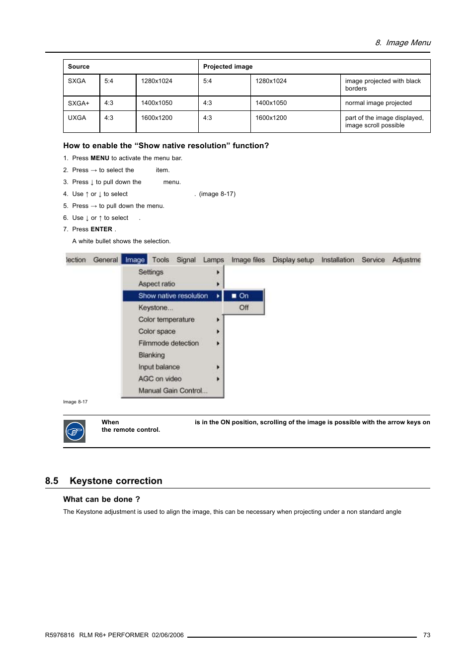 5 keystone correction, Keystone correction | Barco RLM R6+ PERFORMER R9010270 User Manual | Page 77 / 165