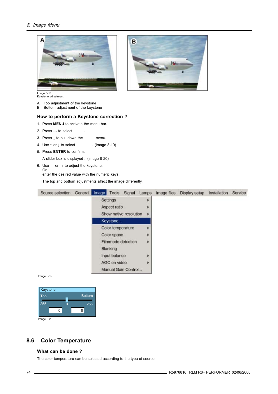 6 color temperature, Color temperature, Image menu | Barco RLM R6+ PERFORMER R9010270 User Manual | Page 78 / 165