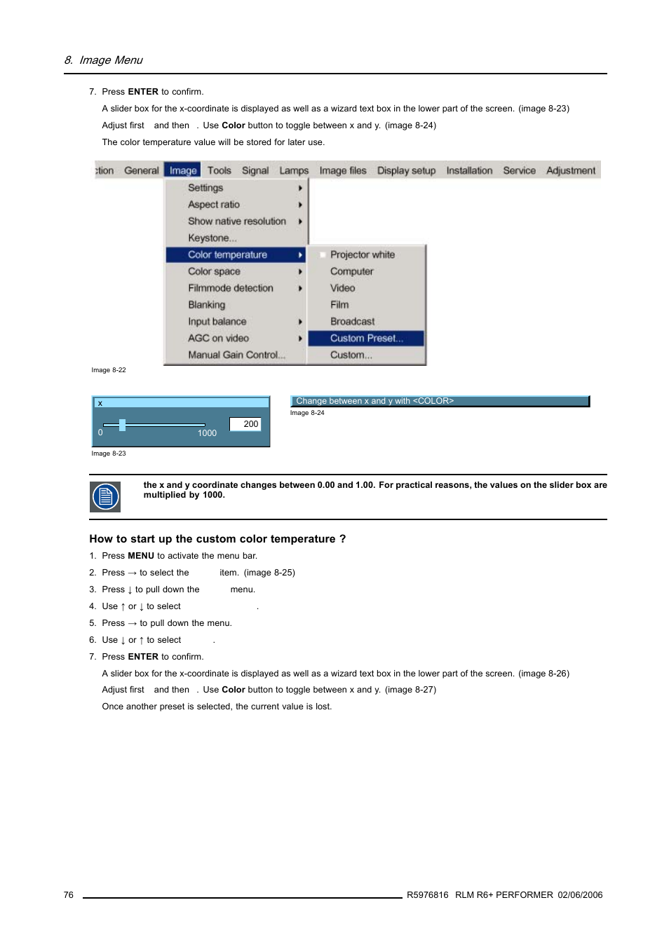 Image menu | Barco RLM R6+ PERFORMER R9010270 User Manual | Page 80 / 165