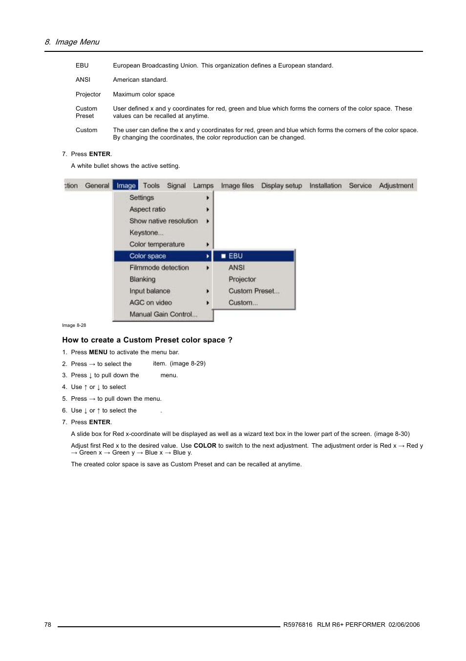 Image menu | Barco RLM R6+ PERFORMER R9010270 User Manual | Page 82 / 165