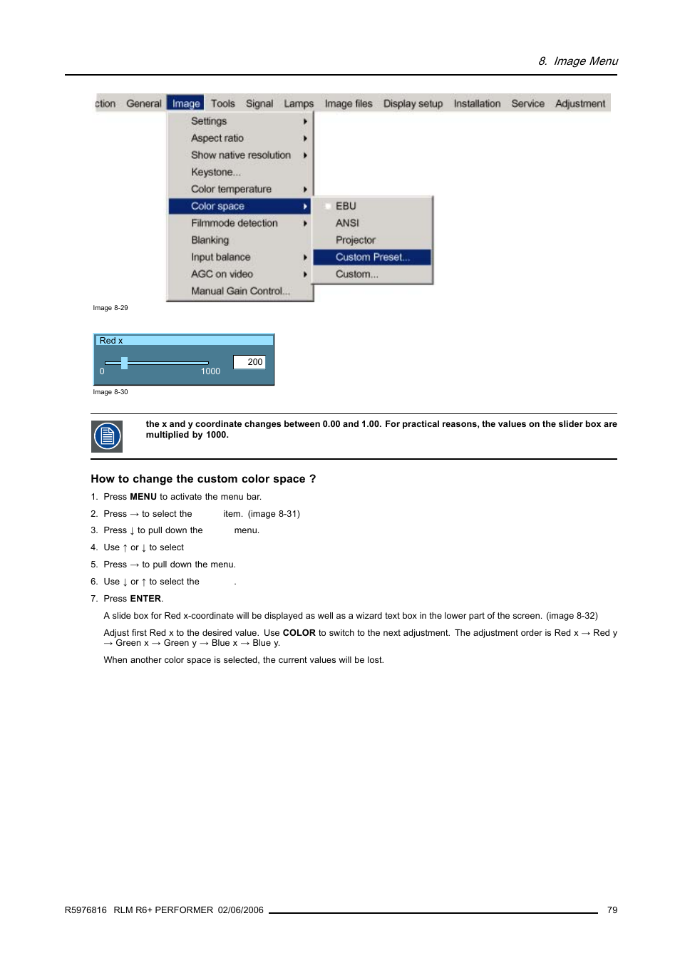 Image menu | Barco RLM R6+ PERFORMER R9010270 User Manual | Page 83 / 165