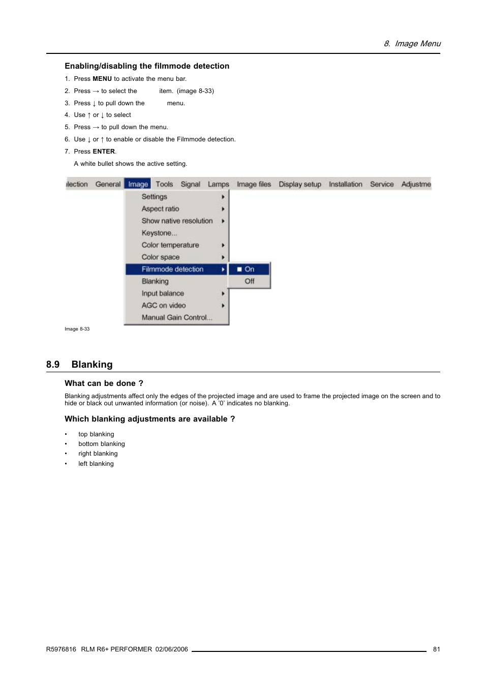 9 blanking, Blanking | Barco RLM R6+ PERFORMER R9010270 User Manual | Page 85 / 165