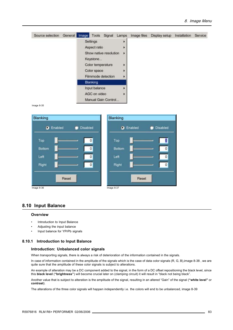 10 input balance, 1 introduction to input balance, Input balance | Image menu | Barco RLM R6+ PERFORMER R9010270 User Manual | Page 87 / 165