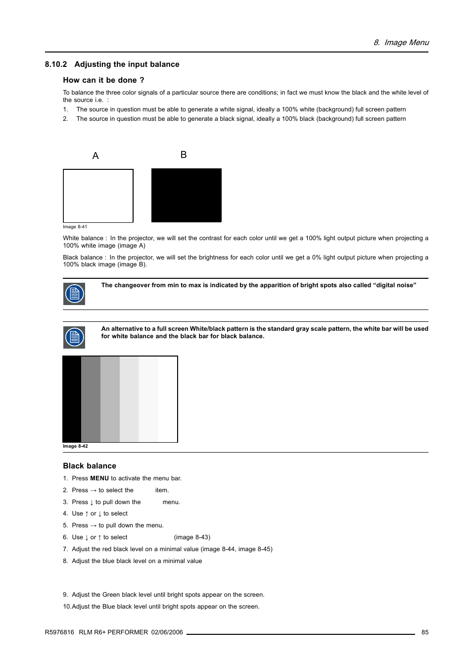 2 adjusting the input balance, Adjusting the input balance | Barco RLM R6+ PERFORMER R9010270 User Manual | Page 89 / 165